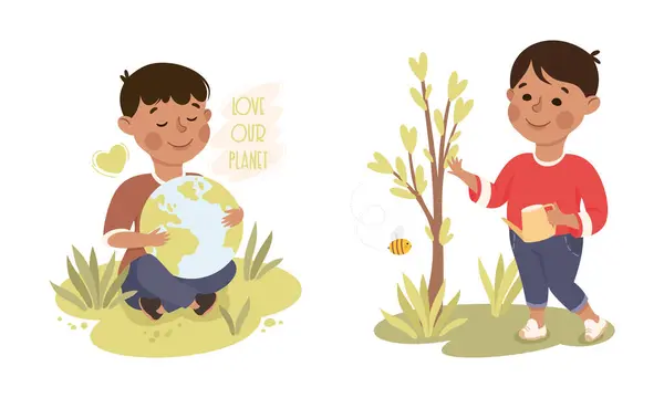 stock vector Little Boy with Globe on Green Grass and Watering Tree Sapling Caring About Nature and Planet Vector Set. Cute Kid Protecting Environment and Conserving Ecosystem Concept