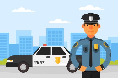 Polis, Araba ve Üniformalı Memur 'la Kanun ve Düzen Vektörü İllüstrasyonu' nun Koruyucusu olarak çalışıyor. Kamu Güvenliği İçin Sivil Kuvvet