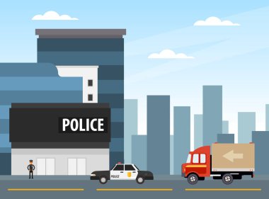 Polis, Araba ve Üniformalı Polis Memuruyla Polis Departmanı 'nın yakınında Kanun ve Düzen Vektörü İllüzyonu olarak çalışıyor. Kamu Güvenliği İçin Sivil Kuvvet