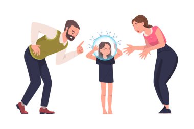Anne ve Baba Bağırıyor ve Kızlarına Öğüt Veriyor Başında Cam Ampul Takıyor Onları Duymuyor Ebeveyn ve Çocuk Vektörü Arasındaki Sorunlu İletişim ve Yanlış Anlama Olarak