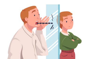 Man Father Shouting Against Glass Wall to His Son as Problematic Communication and Misunderstanding Between Parent and Child Vector Illustration. Male Having Difficult Relationships with Kid clipart