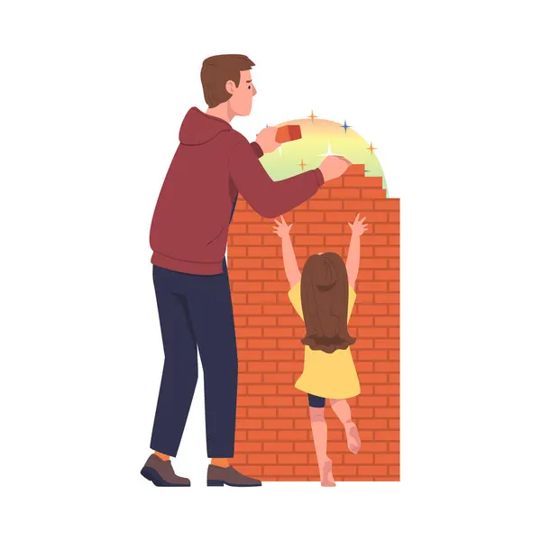 stock vector Man Father Laying Bricks Building Wall Protecting Daughter from External World as Problematic Communication and Misunderstanding Between Parent and Child Vector Illustration. Male Having Difficult