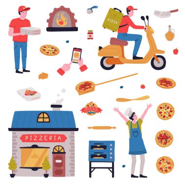 İtalyan Pizza Pişirme ve Teslimat Servisi Wood-Fire Oven, Pizzaiolo ve Courier Scooter Vector Set 'te. Pizzeria Restoran Konsepti 'nden yemek siparişi