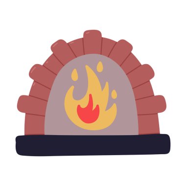 Pizza Pişirme Vektörü İllüstrasyonu İçin Yanan Ateş Alevli Ahşap Ateşli Fırın. Pizzacıda Geleneksel Taş Fırını