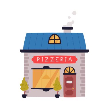 Signboard ve Buharlı Baca Vector Illustration ile Pizzeria Cephesi. Pizza Restoranı Tuğlaya Tuğlaya Bina Dış Görünümü