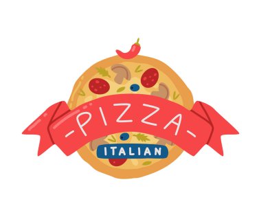 İştah açıcı İtalyan Pizza Etiketi veya Ribbon and Inscription Vector Illustration ile Amblem. Pizzeria Restoran Konsepti 'nden yemek siparişi