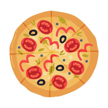 İştah açıcı İtalyan pizzası üzerine domates ve Pepper Vector Illustration. Pizzeria Restoran Konsepti 'nden yemek siparişi