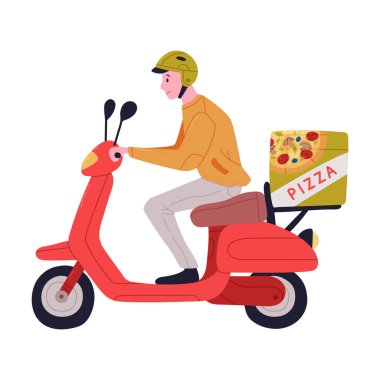 Kasklı Pizzacı Scooter 'la Torba Vektör Resimli. Genç Erkek Kurye Pizzeria Restoranından Yemek Getiriyor