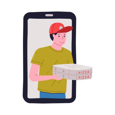 Kırmızı Cap Holding Karton Kutulu Pizza Teslimatçısı Smartphone Screen Vector Illustration 'dan dışarı baktı. Genç Erkek Kurye Pizzeria Restoranından Yemek Getiriyor