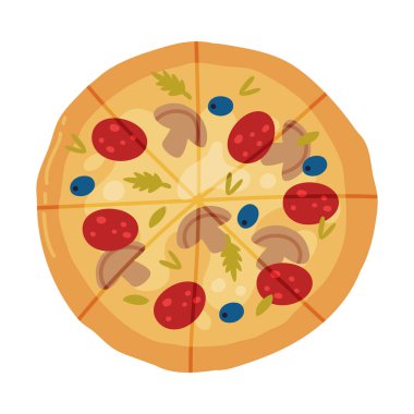 Salam ve Mantar Mantarı Vector Illustration ile kaplı yuvarlak sıcak hamur gibi İtalyan pizzası iştah açıcı. Pizzeria Restoran Konsepti 'nden yemek siparişi