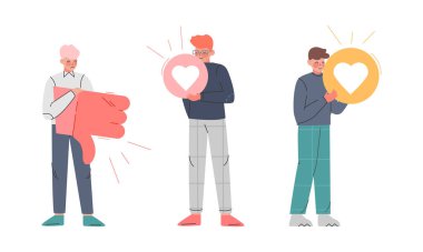 Young Man Holding Thumb Down and Like Heart Sign as Notification of Approval and Disapproval Vector Set. Male Showing Agreement and Disagreement Concept clipart