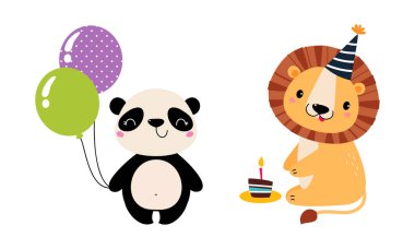 Şirin Panda ve Aslan Hayvanı Balonlar ve Pasta Vektörü Seti ile Doğum Günü Tatili 'ni kutluyor. Komik Memeliler Şenlikli Bir Karşılama Yaptı