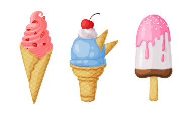 Dondurma külahında ve çubuk üzerinde dondurulmuş tatlı ve tatlı atıştırmalık vektör seti. Şekerli Süt Ürünleri Yaz İçeceği Konsepti