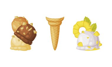 Waffle Cone ve Çikolatalı Dondurma Topu Tatlı Element Vektör Kümesi olarak. Tatlı Donmuş Atıştırmalık Kavramı