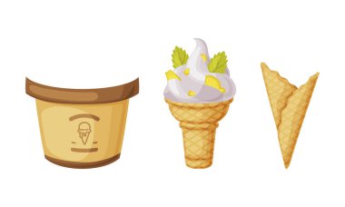 Tatlı Element Vektörü olarak Waffle Cone ve Bowl for Ice Cream. Tatlı Donmuş Atıştırmalık Kavramı