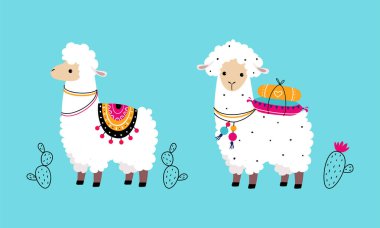 Şirin Yünlü Lama ya da Örgü Ören Örgü Ayaklı Vektör Seti. Camelid Sürüsü Hayvan Konsepti Olarak Yumuşak Güney Memeli