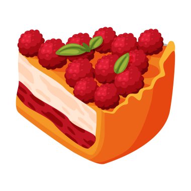 Üstünde ahududu, üstünde krema ve kısa hamurlu pasta illüstrasyonu olan pastadan kes. Geleneksel Ev Yapımı Tatlı ve Fırın Tabağı Konsepti