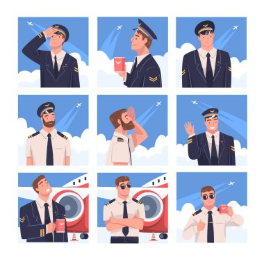 Erkek Uçak Pilotu ya da Havacı Havaya Bakıyor ve Mug Vector Set 'i tutuyor. Erkek Havacı Üniformalı Üye Profesyonel Havacılık Müdahale Edildi