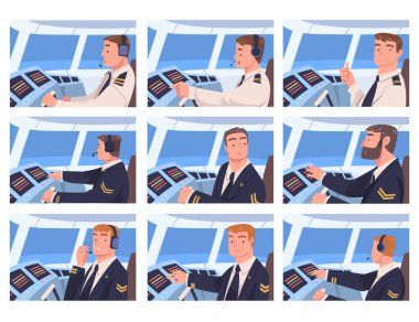 Man Uçak Pilotu ya da Pilot Kontrol Paneli Vector 'da uçağın içinde oturuyor. Erkek Havacı Üniformalı Üye Profesyonel Havacılık Müdahale Edildi