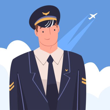 İnsan Uçak Pilotu ya da Pilot in Cap and Uniform Vector Illustration. Genç Erkek Hava Kuvvetleri Üyesi Profesyonel Havacılık 'ta Nişanlandı