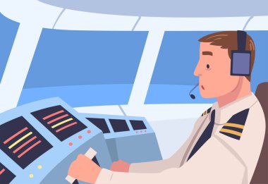 Man Uçak Pilotu ya da Pilot Kontrol Paneli Vektör İllüzyonu 'nda Uçakta Kabin İçinde Oturuyor. Erkek Havacı Üniformalı Üye Profesyonel Havacılık Müdahale Edildi