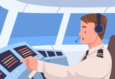 Man Uçak Pilotu ya da Pilot Kontrol Paneli Vektör İllüzyonu 'nda Uçakta Kabin İçinde Oturuyor. Erkek Havacı Üniformalı Üye Profesyonel Havacılık Müdahale Edildi