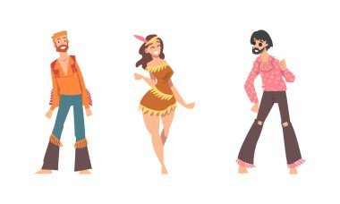 Hippie People Karakteri Retro Style Giyim Performansı Dans Hareketi Vektör Seti. Karşı kültür üyesi olarak Mutlu Erkek ve Kadın Hippi