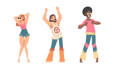 Hippie People Karakteri Retro Style Giyim Performansı Dans Hareketi Vektör Seti. Karşı kültür üyesi olarak Mutlu Erkek ve Kadın Hippi