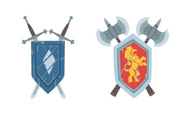 Arms on Escutcheon ya da Shield with Crossed Ax and Sword Vector Illustration Set. Kraliyet Güç Sembolü Konsepti Olarak Orta Çağ 'dan Heraldik Amblem