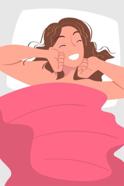 Kadın karakter, sabah uyandığında yatakta uzanıp sabah vektör ilüzyonunda uyanmaya hazır olduğunu hisseder. Genç Gülümseyen Kadın Uyanış Günün Keyifli Başlaması