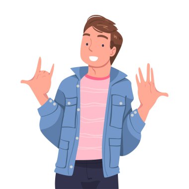 İnsan Karakteri, Boynuzların Pozitif İşaretini El Hareketi Vektörü İllüzyonu Olarak Gösteriyor. Vücut Dili Konseptiyle Mutlu Genç Erkek Duygularını İfade Et