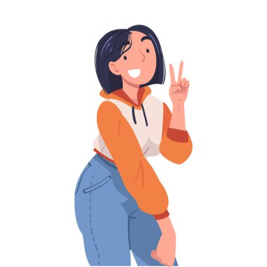 Kadın Karakteri Pozitif V İşaretli El Hareketi Vektörü Resmini Gösteriyor. Vücut Dili Konseptiyle Mutlu Genç Kadın Duygularını İfade Etme Günü