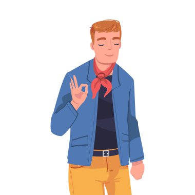 Erkek Karakteri Pozitif Tamam ya da Ring Hand Jest Vektörü Resmini Gösteriyor. Vücut Dili Konseptiyle Mutlu Genç Erkek Duygularını İfade Et