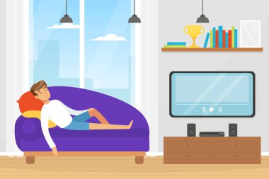 Man Character Sleeping Lying on Sofa in Front of Television Vector Illustration. Young Male Relaxing and Having Rest