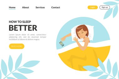 Yatakta Uyuyan Kadın Karakterli İniş Sayfası. Battaniye Vektör Şablonu ile kaplı. Genç Kadın Rahatlatıcı ve Dinlenen Web Sayfası Tasarımı