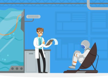 İnsan Astronot Bilim Adamı Vektör İllüstrasyonuyla Simülatörde Uzay Uçuşuna Hazırlanıyor. Genç Erkek Uzay Adamı Uzay Macerası Eğitim Gövdesi