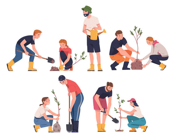 Люди сажают саженцы деревьев в почве, заботясь о планете и природе векторной иллюстрации. Молодой человек и женщина сажают саженцы деревьев в саду, участвуя в концепции возобновления лесов