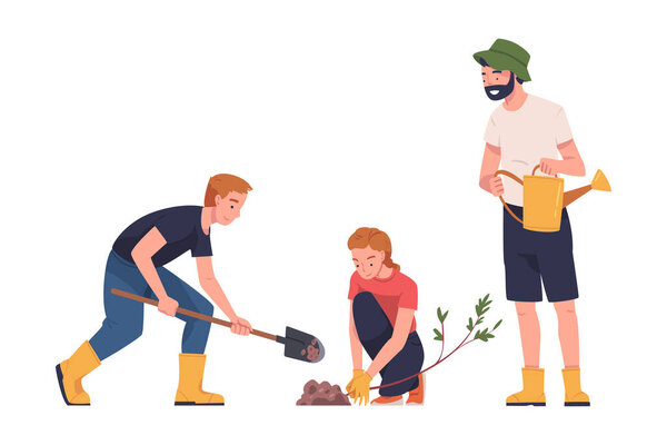 Мужчина и женщина сажают саженцы деревьев в почве, заботясь о планете и иллюстрации вектора природы. Молодой человек и женщина сажают саженцы деревьев в саду, участвуя в концепции возобновления лесов