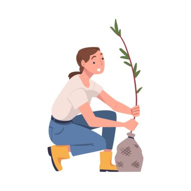 Woman Character Planting Tree Sapling in Soil Taking Care of Planet and Nature Vector Illustration. Young Female Transplanting Tree Seedling in Garden Engaged in Reforestation Activity Concept clipart