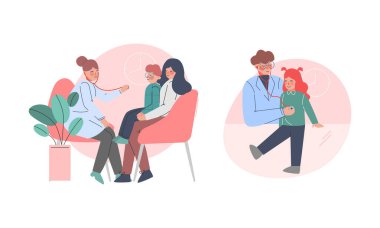 Erkek ve Kadın Doktor Pediyatrist Laboratuvar Paltosu Çocuğu Hastane Vektör Seti 'nde muayene ediyor. Genç Erkek ve Kadın Pediyatri Hekimi Hasta Sağlık kontrolüne alındı