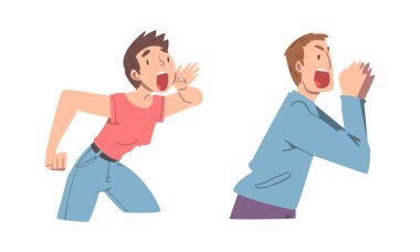 Erkek ve Kadın El ele tutuşan Ağız Bağırması ya da Çığlık Sesli Vektör Seti. Erkek ve Kadın Birini Arıyor ve Bir Şey Açıklaması İçin Bağırıyor