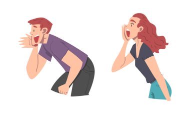 Man and Woman Character Holding Hand Near Mouth Shouting or Screaming Loud Vector Set. Male and Female Calling Someone and Yelling for Announcing Something Concept clipart