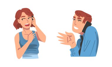 Mobil Gadget vektör seti üzerinden Telefonla Konuşan Erkek ve Kadın Karakteri. Akıllı Telefonlu Genç Erkek ve Kadın Konuşuyor ve Konuşuyor