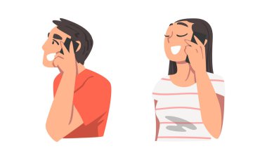 Mobil Gadget vektör seti üzerinden Telefonla Konuşan Erkek ve Kadın Karakteri. Akıllı Telefonlu Genç Erkek ve Kadın Konuşuyor ve Konuşuyor