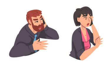 Mobil Gadget vektör seti üzerinden Telefonla Konuşan Erkek ve Kadın Karakteri. Akıllı Telefonlu Genç Erkek ve Kadın Konuşuyor ve Konuşuyor