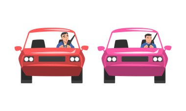 Sürücü koltuğunda oturan erkek karakteri ön araç görüntüsü vektör seti. Trafiğin Yolu Boyunca Süren Genç Erkek Otomobil Konsepti