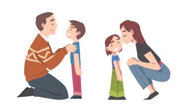 Baba ve Anne, Oğulları ve Kızları Vektör İllüzyon Seti 'yle konuşuyor. Genç Ebeveynler Çocuk Konseptiyle İletişim ve Sohbet Ettiler