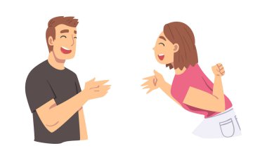 Neşeli Erkek ve Kadın Karakteri Neşeli Ruh hali vektör seti ile konuşuyor ve gülüyor. Neşeli Olumlu Erkek ve Kadın Komik Bir Şeyde Şakalaşıyor ve Kıkırdıyor