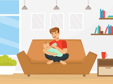 Bebeğin Süt Şişesiyle Beslenen Mutlu Baba Koltuk Vektörü İllüstrasyonunda Oturuyor. Genç erkek baba, yeni doğan çocuğa bakıyor ve ona yemek veriyor.