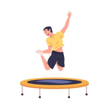 Neşeli Adam Trambolinde Zıplıyor ve Zıplıyor Eğlence amaçlı Aktivite Vektörü İllüzyonuna Bağlandı. Gülen Erkek Sıçrıyor ve Eğleniyor